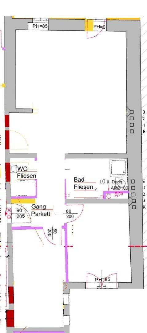 Detaillierter Grundriss einer Wohneinheit mit Bad, separatem WC und Flur mit Parkettboden.