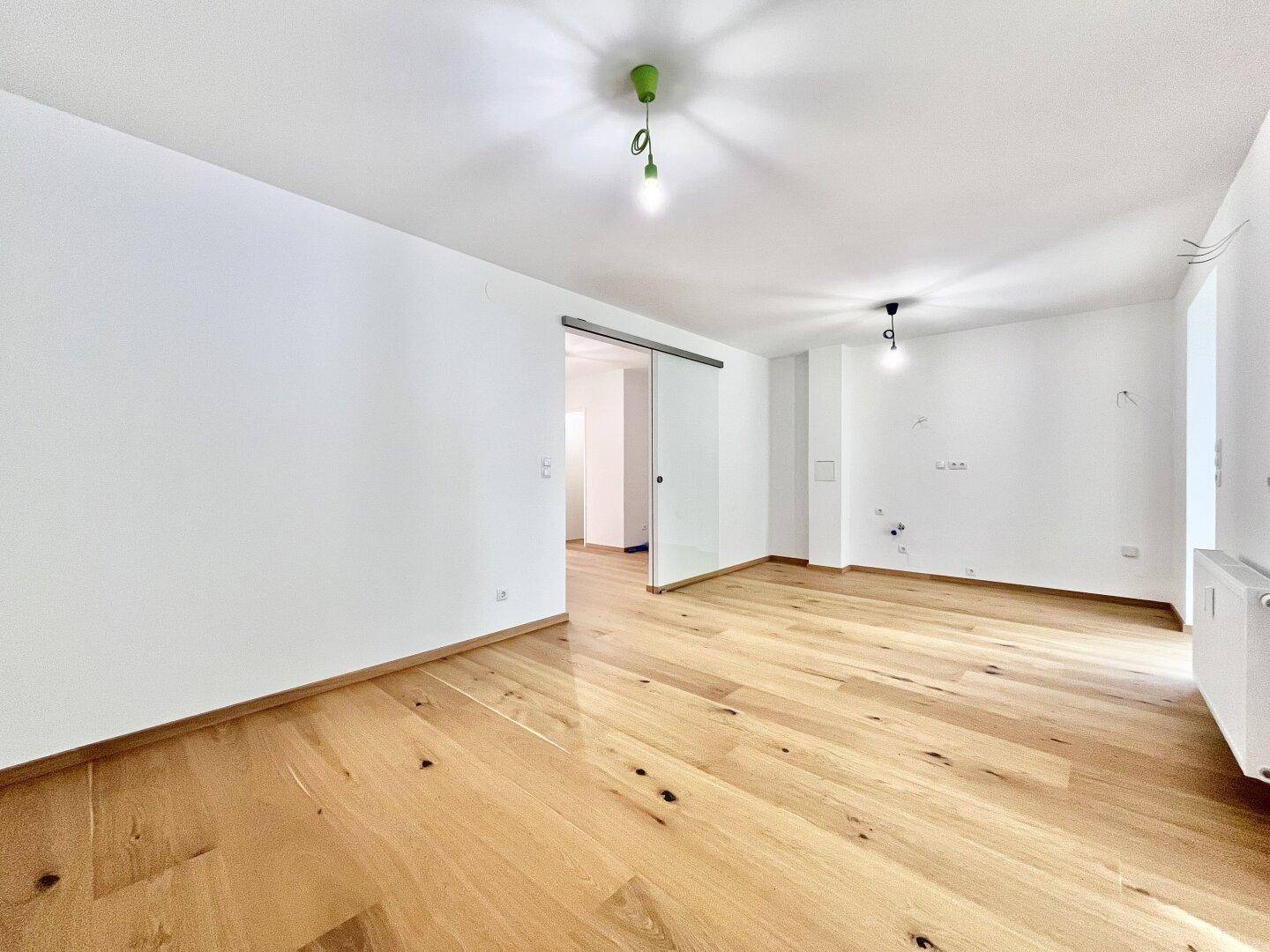 Heller Wohnraum mit Holzboden und einer modernen Glasschiebetür zu angrenzenden Bereichen.