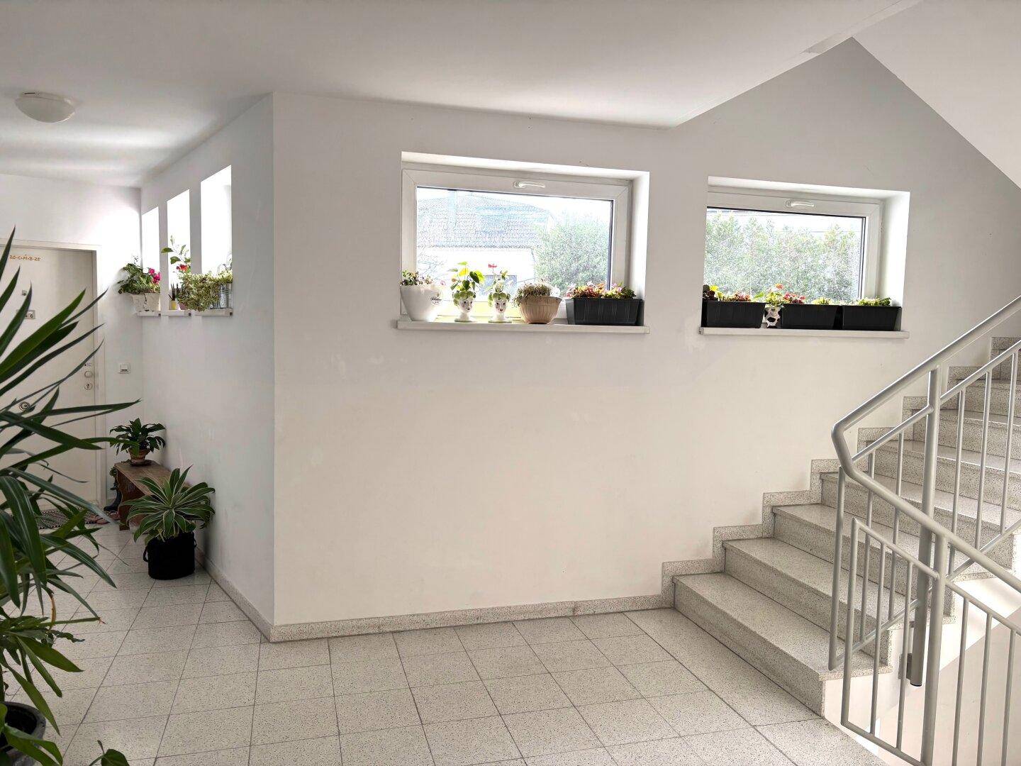 Heller Treppenhausbereich mit Fliesenboden, großen Fenstern und Topfpflanzen.