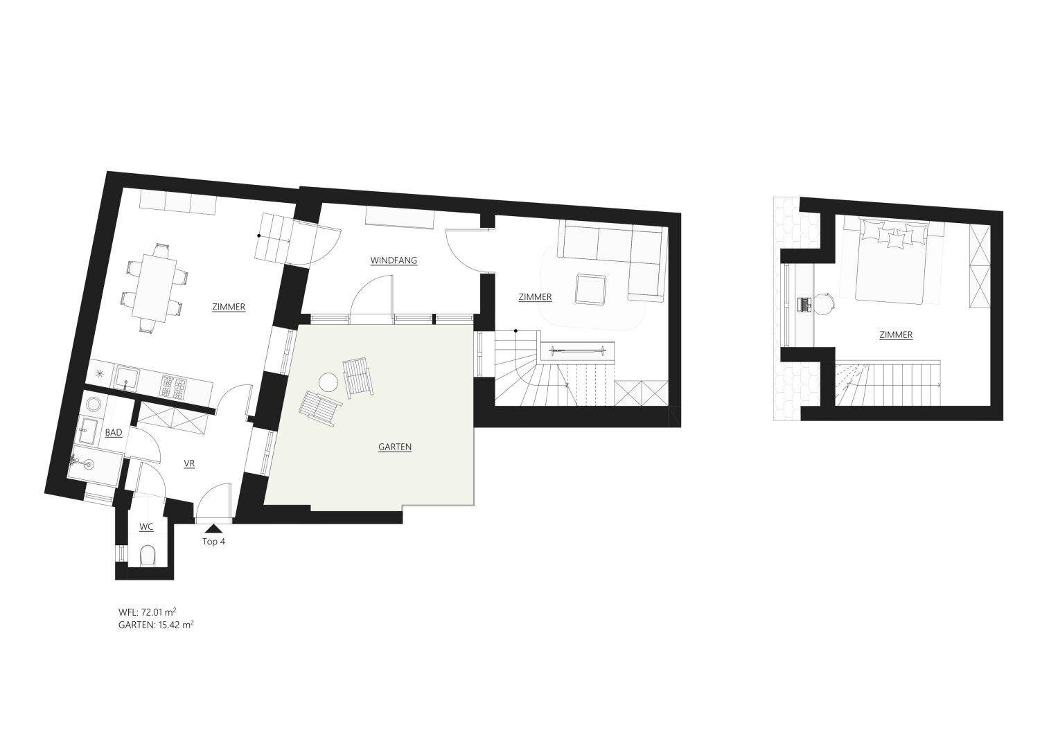 Übersichtlicher Grundriss der Wohnung auf zwei Ebenen mit Garten und mehreren Zimmern.