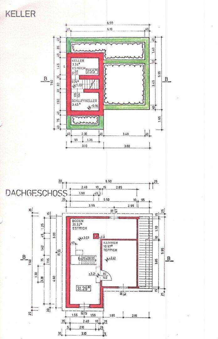 Grundriss des Kellers und des Dachgeschosses mit Lagerflächen.