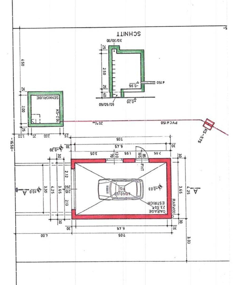 Grundriss der Garage mit Stellplatz für ein Fahrzeug und Schnittansicht.