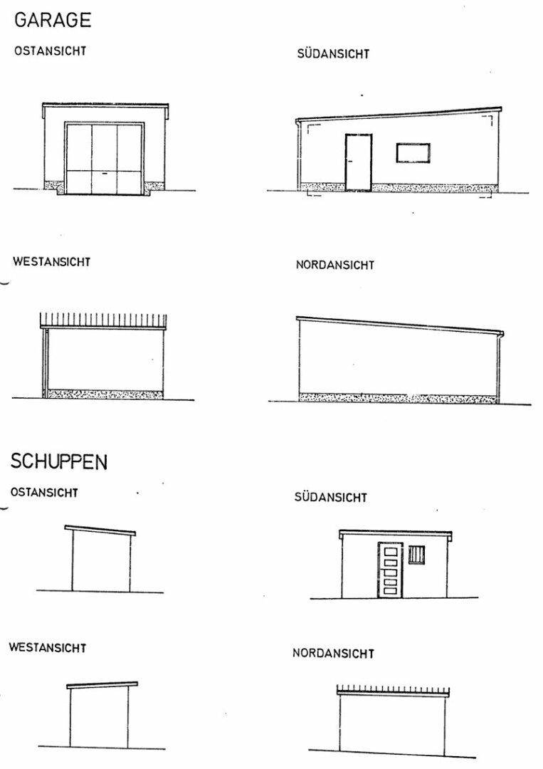 Architektonische Ansichten der Garage und des Schuppens von allen vier Himmelsrichtungen.