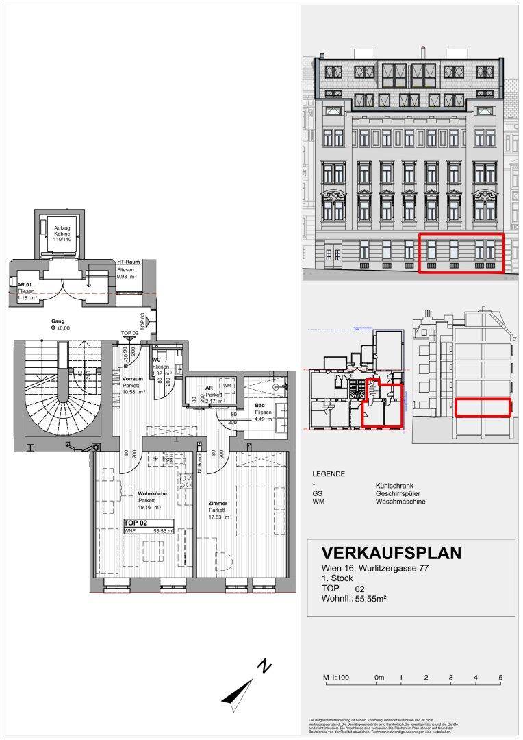 Grundrissplan einer Wohnung im ersten Stock mit Aufzug und Treppenhaus.