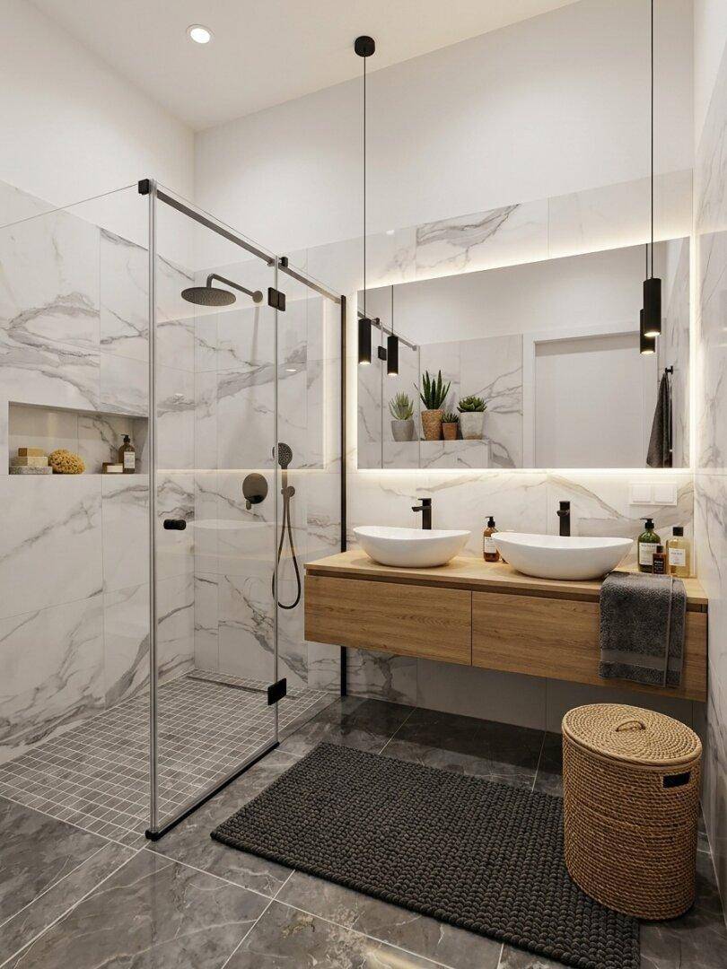 Modernes Badezimmer mit doppelten Waschbecken, großer Dusche und Marmorfliesen.