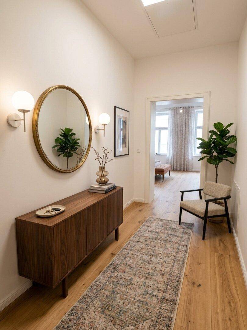 Einladender Flur mit Holzboden, einem eleganten Sideboard und Blick in ein weiteres Zimmer.