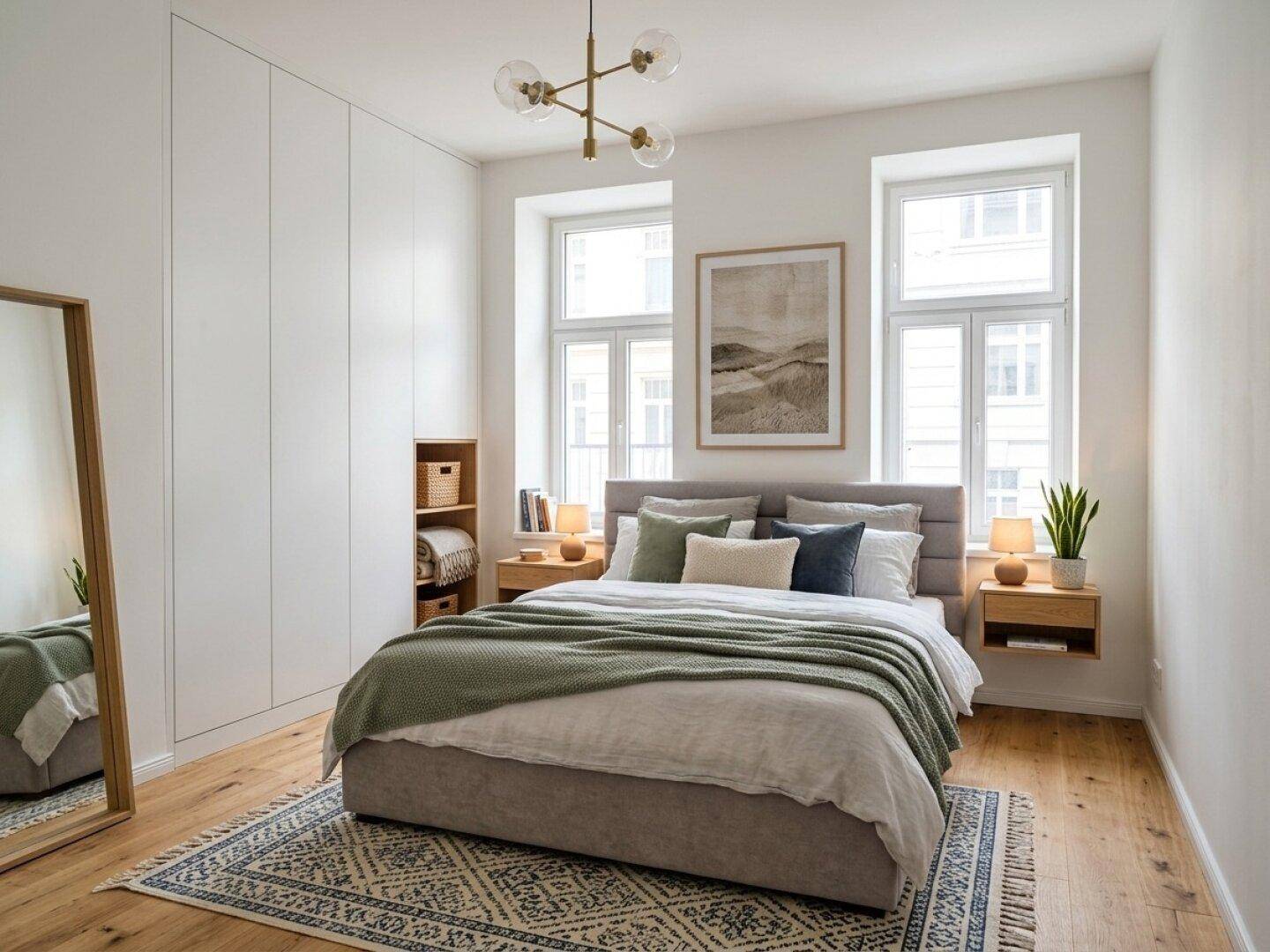 Helles Schlafzimmer mit Holzboden, Einbauschränken und großen Fenstern.