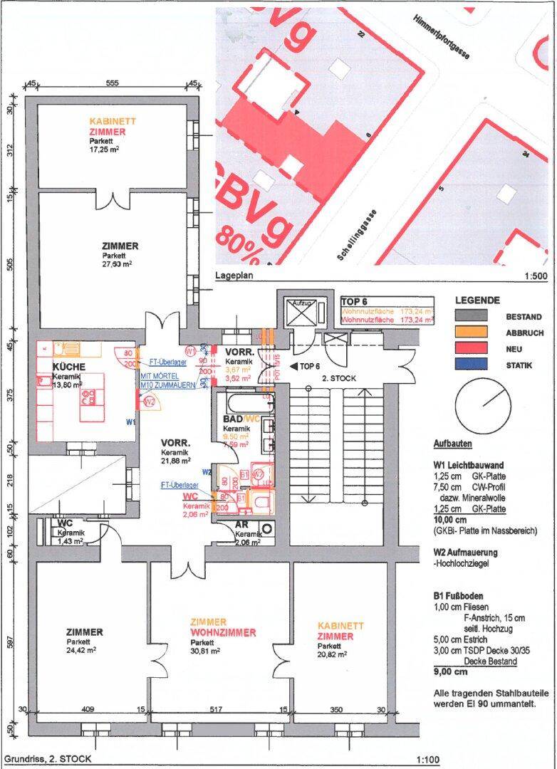 Grundriss des 2. Stocks mit mehreren Zimmern, Küche, Bad und WC, inklusive Lageplan.