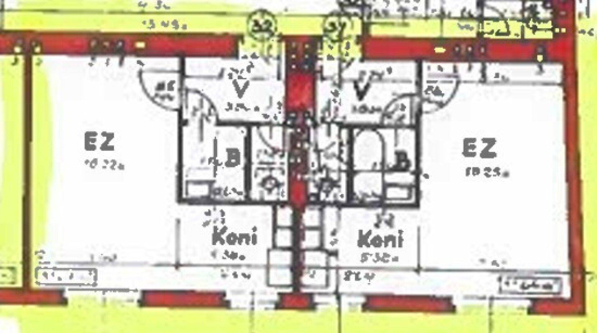 Grundrissplan zeigt die Aufteilung der Räume mit zwei Badezimmern und weiteren Zimmern.