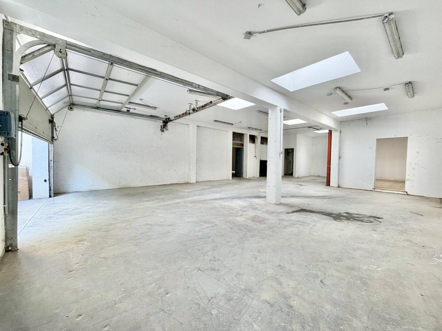 Geräumige Lagerhalle mit Rolltor, Betonboden, Oberlichtern und weißen Wänden.
