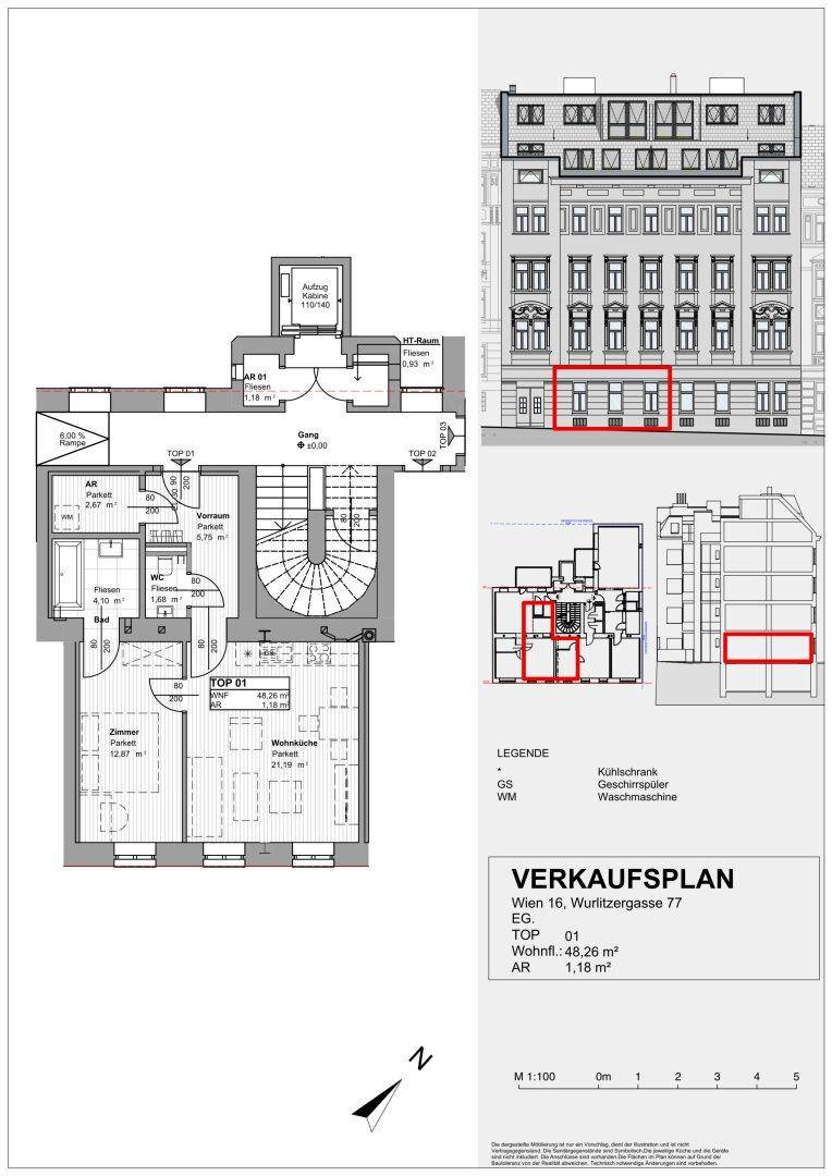 Grundriss einer Wohnung mit angrenzender Gebäudeansicht und Lageplan in Wien.