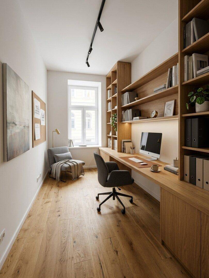 Modernes Heimbüro mit integrierten Holzregalen, großem Schreibtisch und viel natürlichem Licht durch das Fenster.