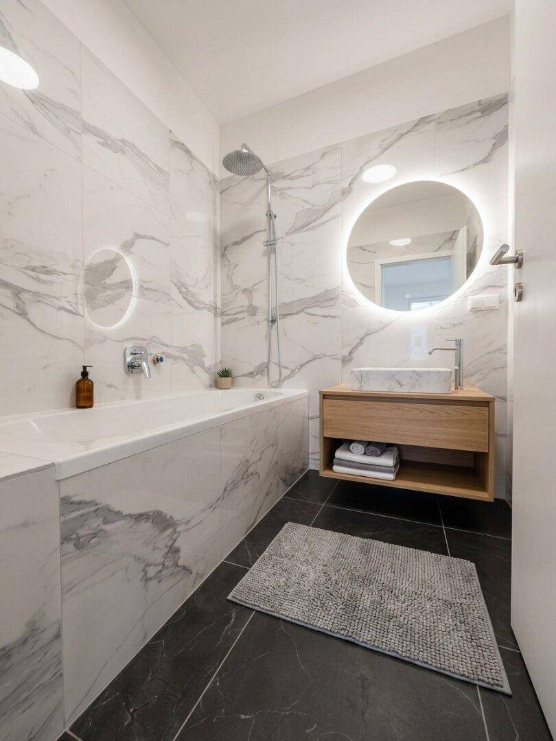Modernes Badezimmer mit Marmorfliesen, integrierter Badewanne und beleuchtetem Spiegel über dem Waschbecken.