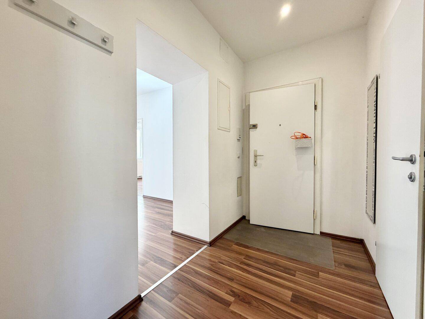 Heller Flur mit Laminatboden und Eingangstür zur Wohnung, einladender Empfangsbereich.