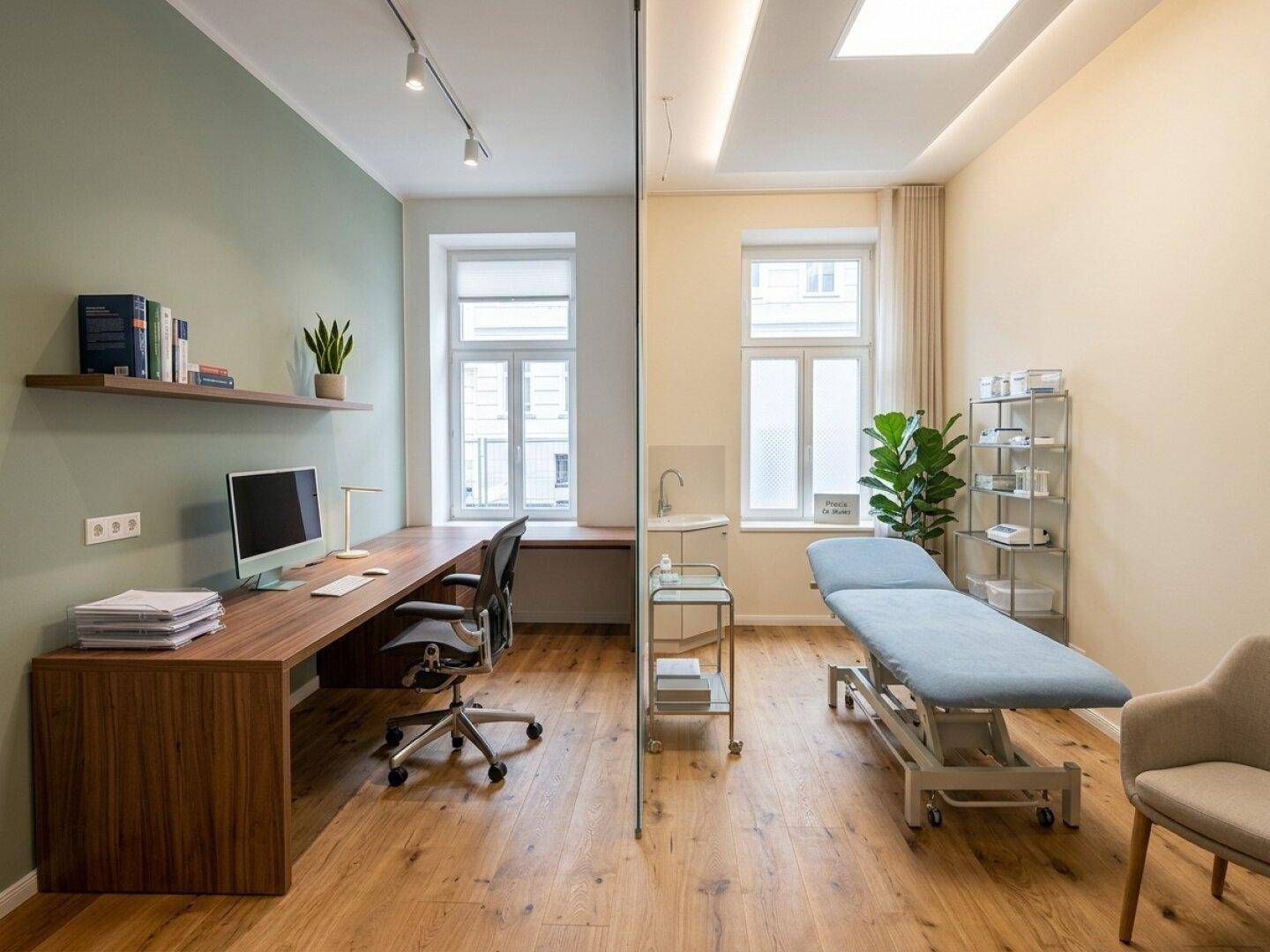 Modernes Büro mit Holzboden und separatem Behandlungsbereich, durch Glaswand getrennt.