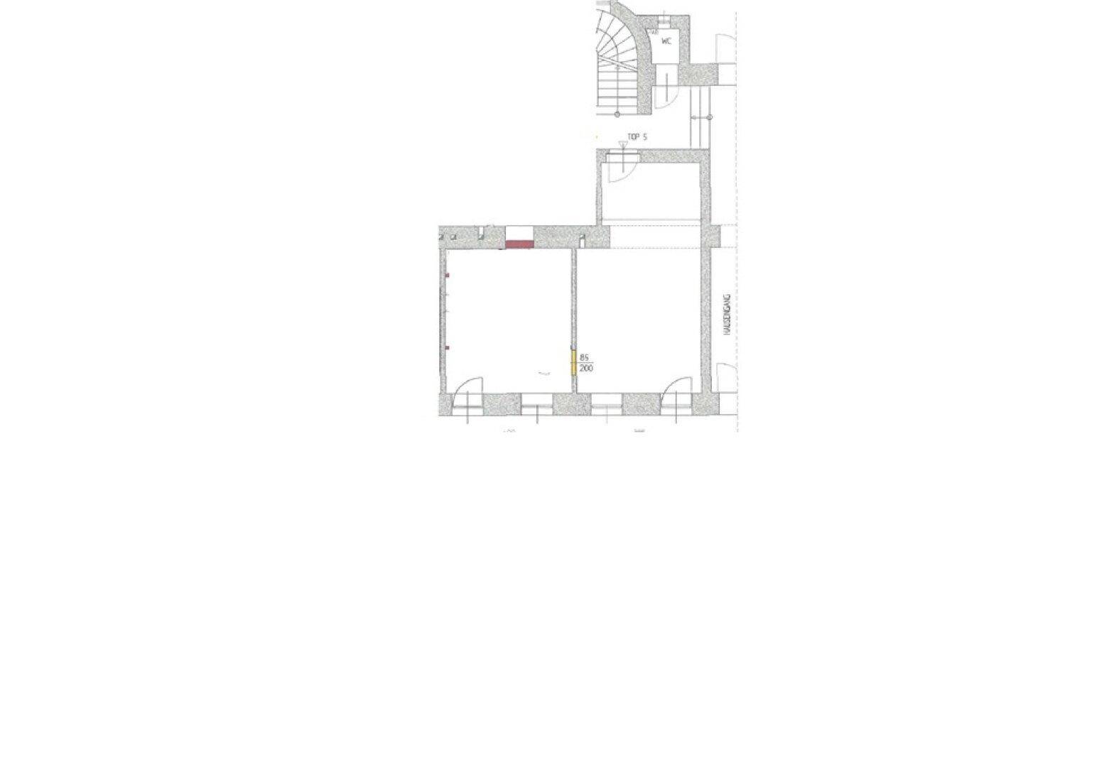 Grundriss des Erdgeschosses mit zwei Haupträumen und Zugang zum Treppenhaus.