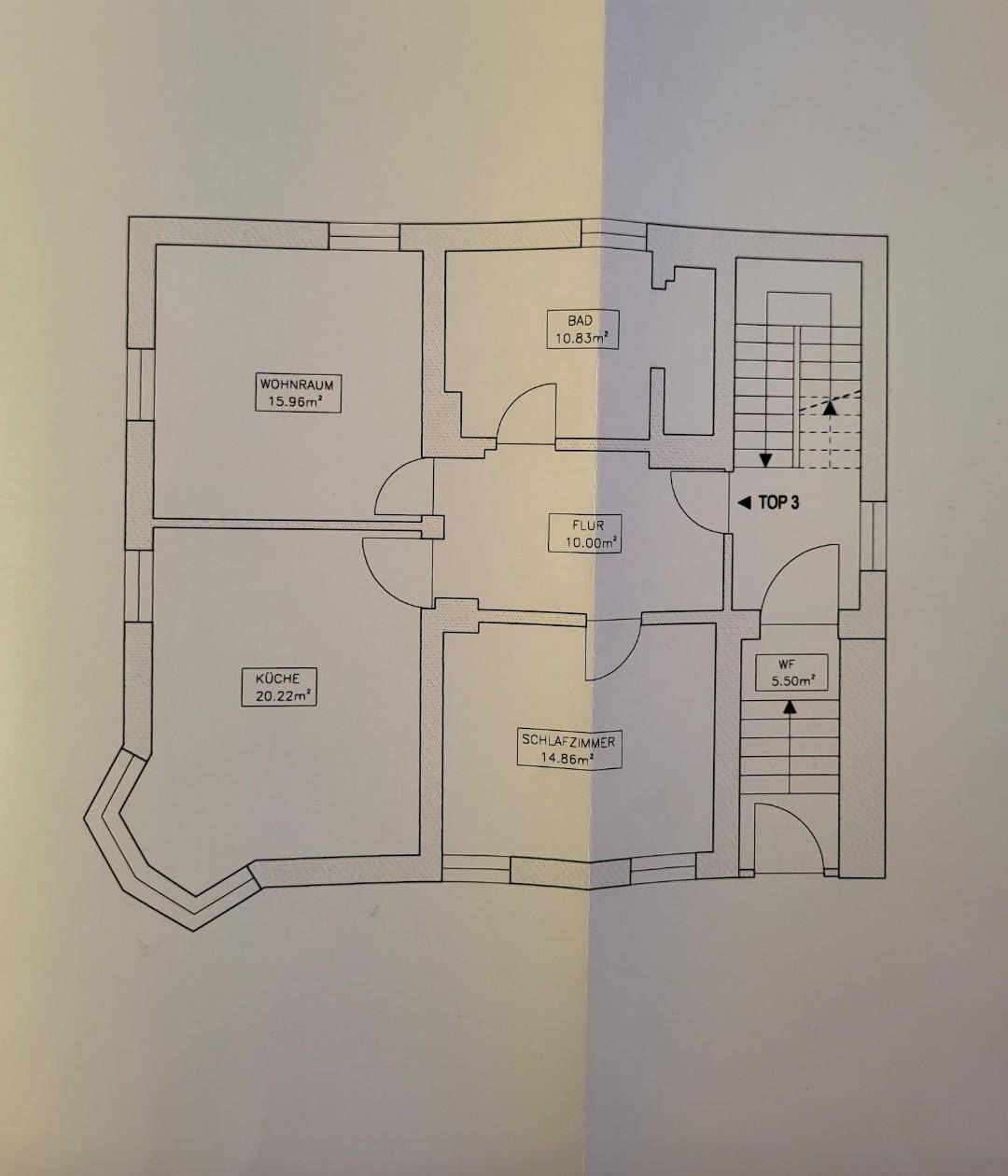 Grundriss für Top 3 mit Wohnraum, Küche, Schlafzimmer, Bad und WC.