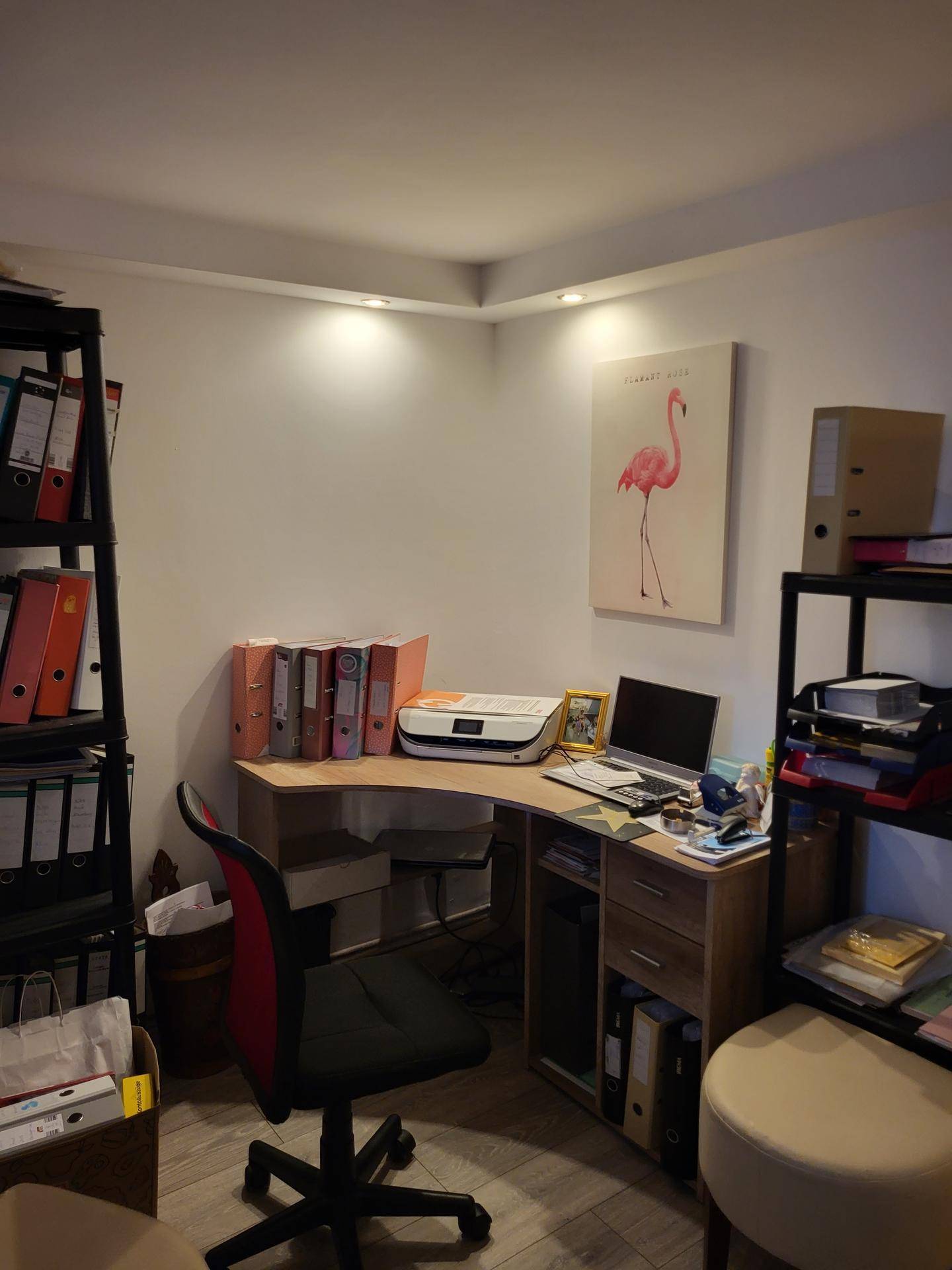 Funktionales Heimbüro mit Schreibtisch, Regalen und einem Drucker, gut beleuchtet.