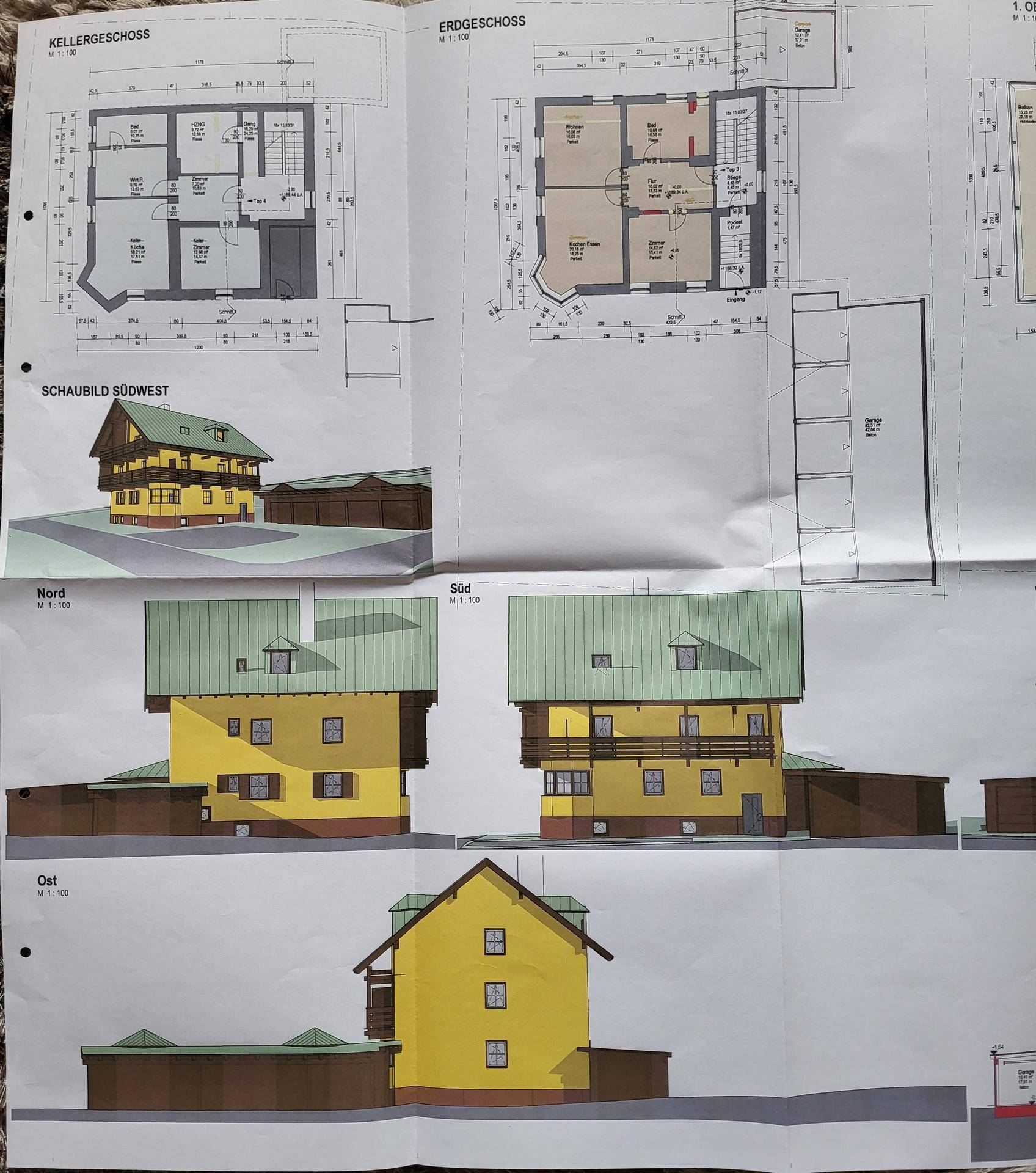 Umfassender Einreichplan des Hauses mit Grundrissen, Ansichten und einem Schaubild der Südwestseite.