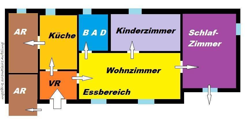 Farbiger Grundriss zeigt die Raumaufteilung mit Küche, Wohnzimmer und Schlafzimmern.