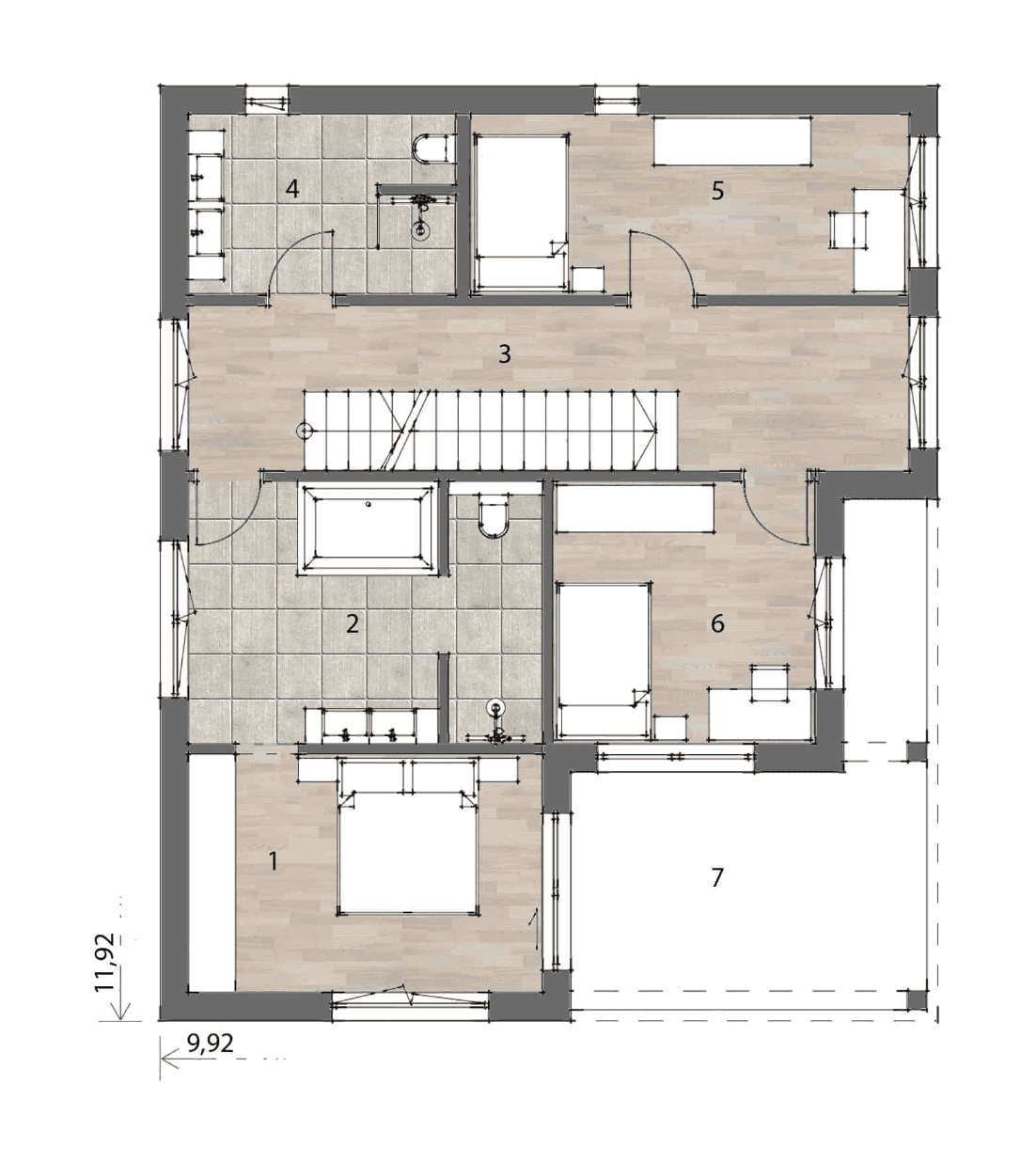 Grundriss des Obergeschosses mit Schlafzimmern, zwei Bädern und Zugang zu einem Balkon.