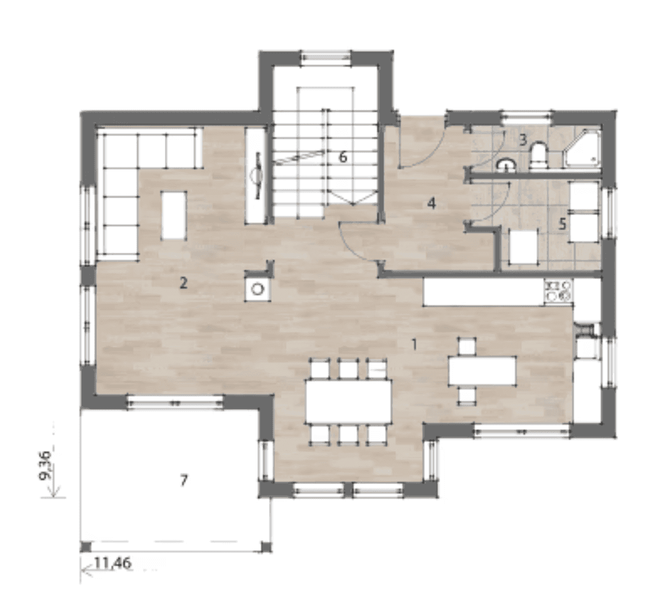 Grundriss des Erdgeschosses mit offenem Wohn- und Essbereich, Küche, Bad und Zugang zur Terrasse.