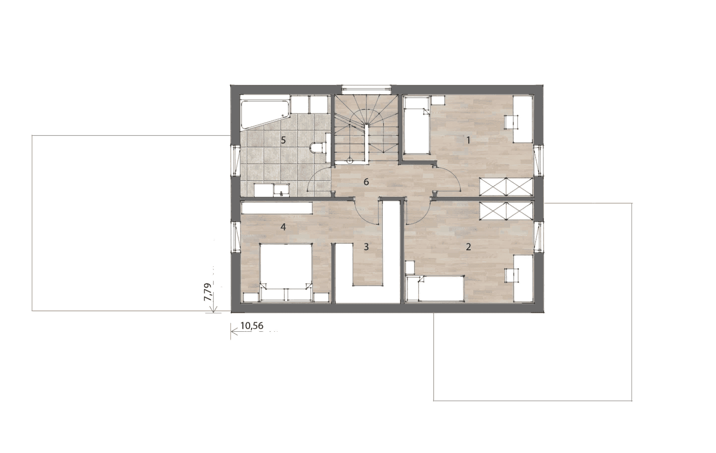 Grundriss des Obergeschosses mit mehreren Schlafzimmern, Ankleide und Badezimmer.