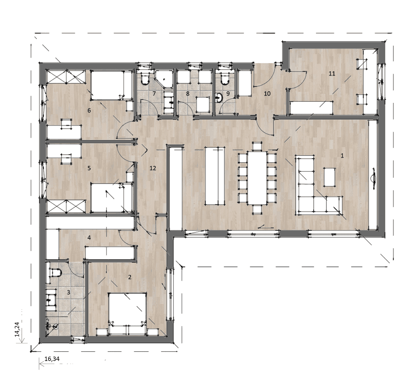 Grundriss eines modernen Hauses mit offenem Wohnbereich und mehreren Zimmern.
