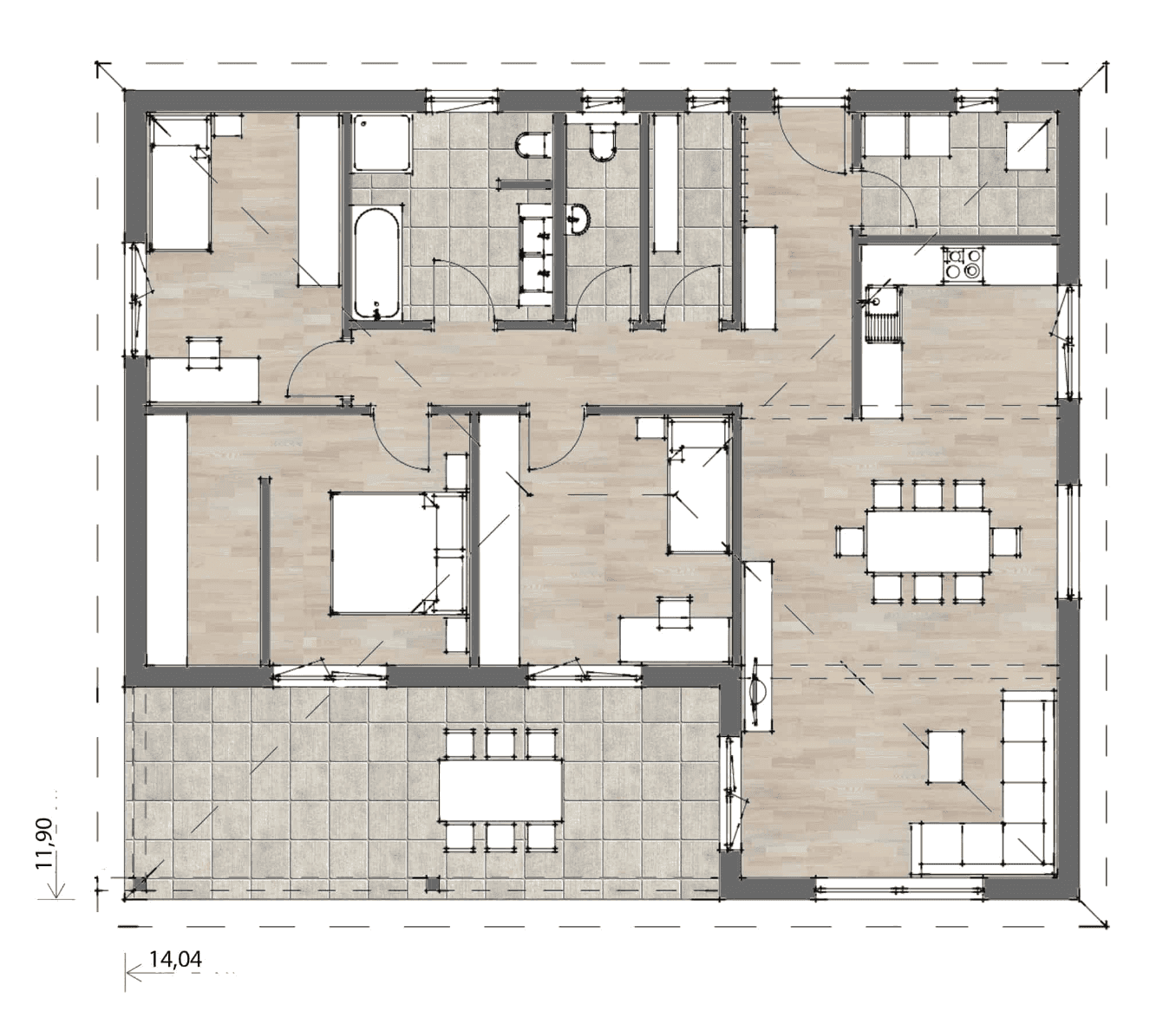 Grundriss eines Bungalows mit offenem Wohnbereich, mehreren Schlafzimmern und direktem Terrassenzugang.