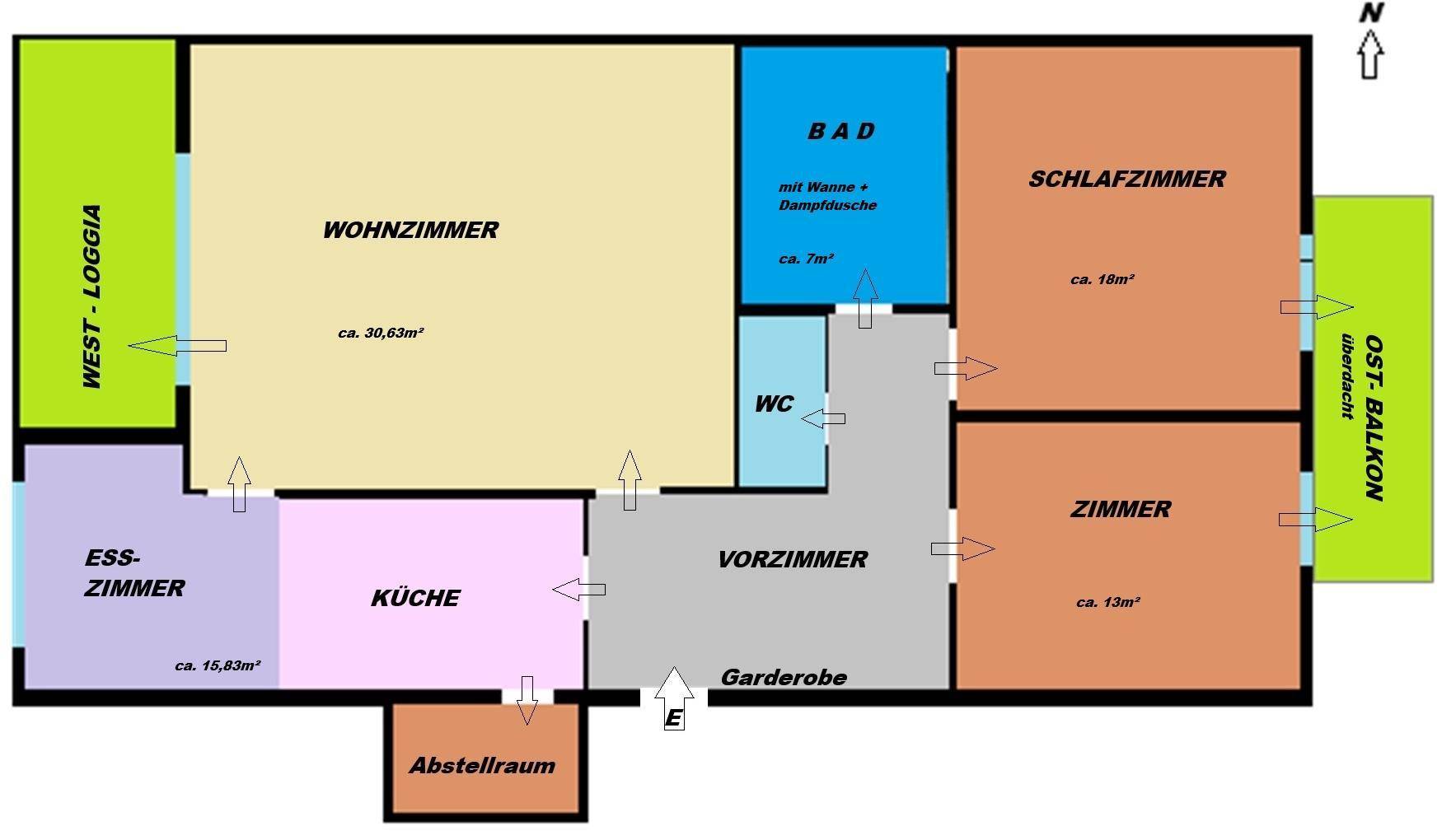 Grundriss der Wohnung mit Wohnzimmer, Schlafzimmer, Küche, Bad, WC, Abstellraum, Loggia und Balkon.