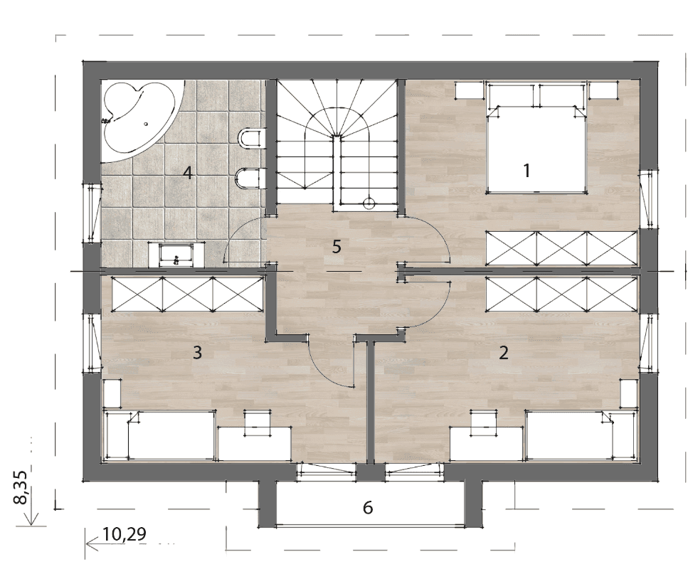 Grundriss des Obergeschosses mit drei Schlafzimmern und einem Badezimmer, ausgestattet mit einer Eckbadewanne und Doppelwaschbecken.