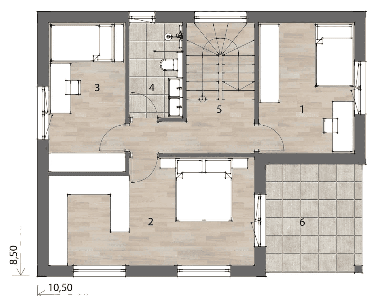 Grundriss des Obergeschosses mit Schlafzimmern, Bad, Ankleidezimmer und Balkonzugang.