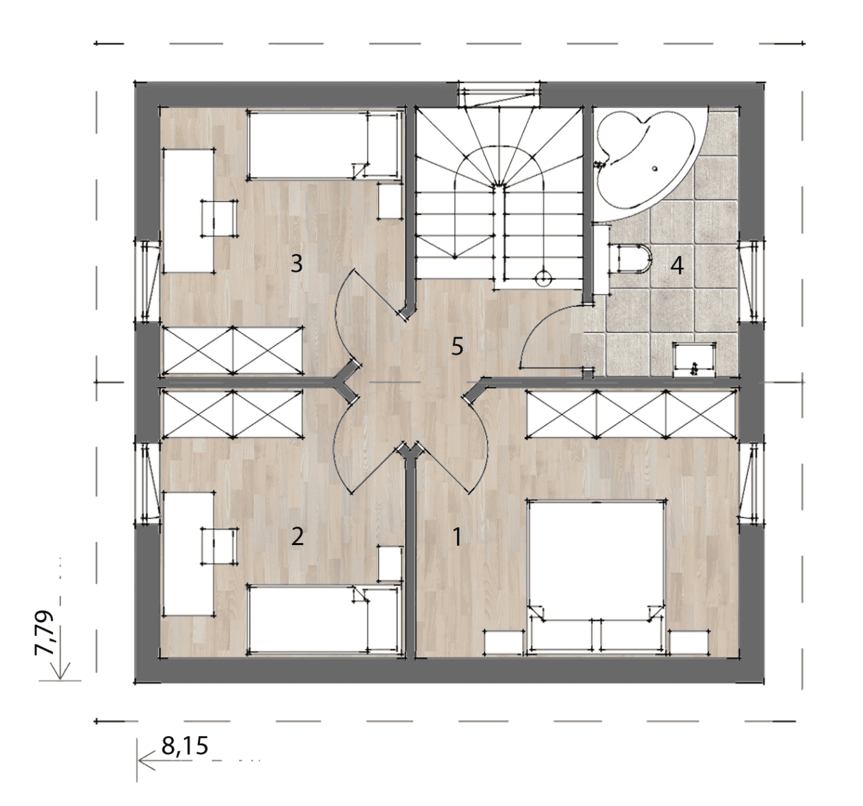 Grundriss des Obergeschosses mit drei Schlafzimmern und einem Badezimmer mit Eckbadewanne und Doppelwaschbecken.