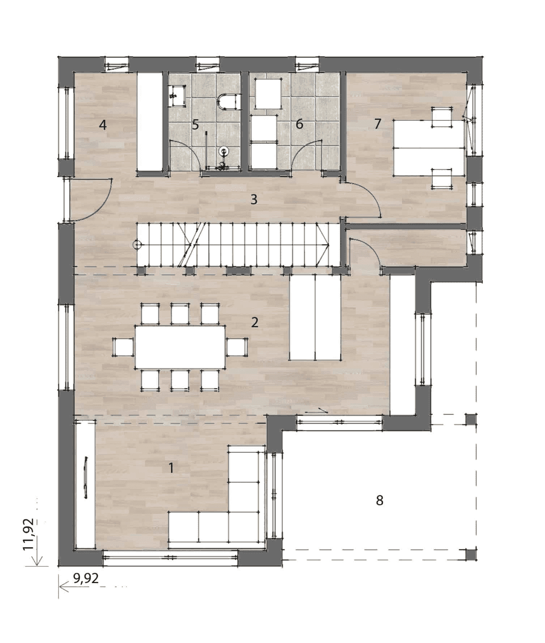 Grundriss des Erdgeschosses mit offenem Wohnbereich, Esszimmer und Zugang zur Terrasse.