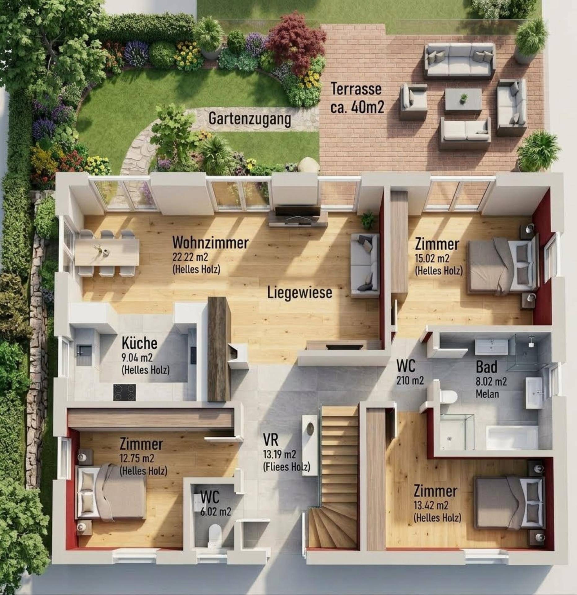 Detaillierter Grundriss mit offenem Wohnbereich, mehreren Zimmern und großer Terrasse mit Gartenzugang.
