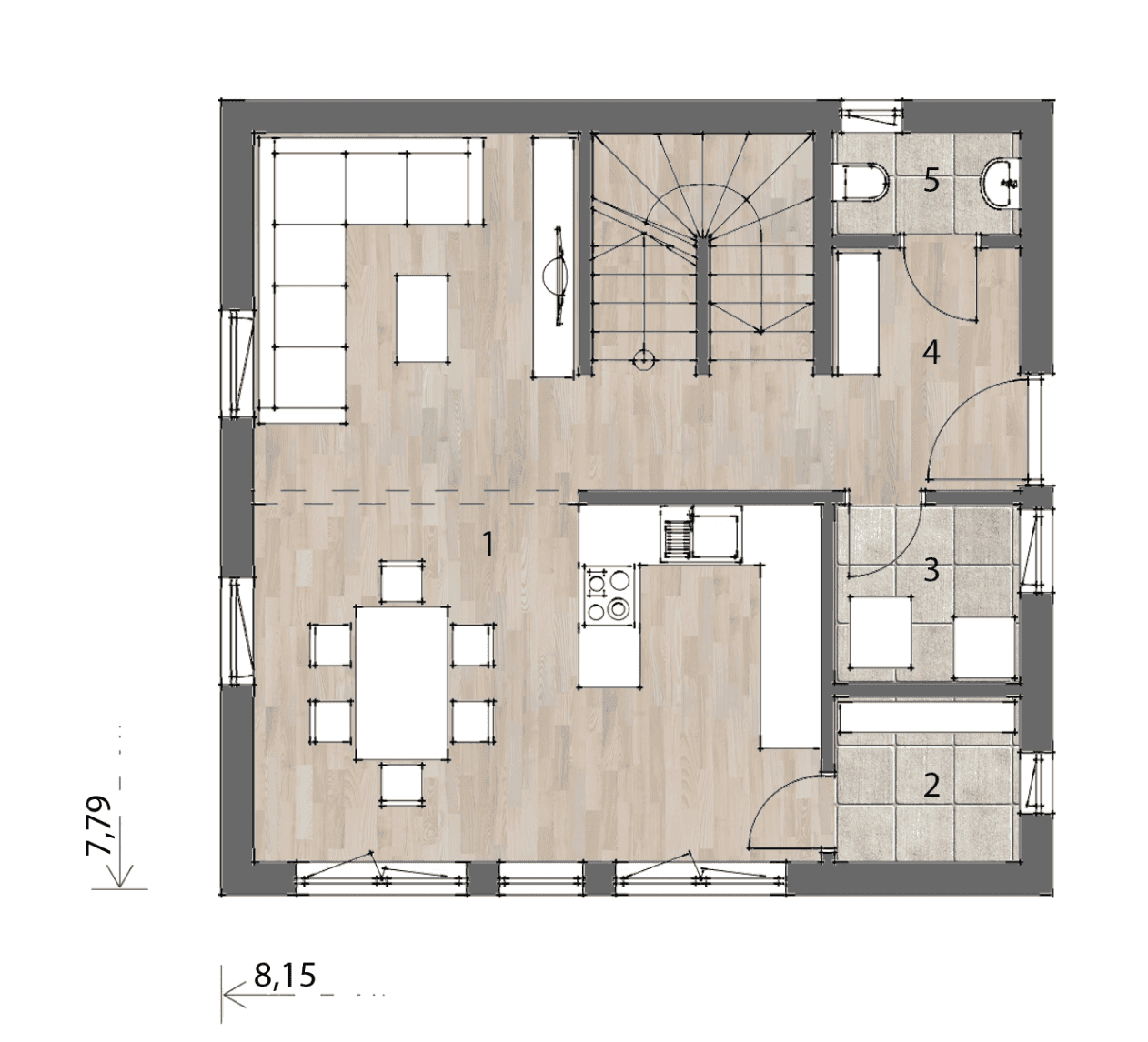 Grundriss des Erdgeschosses mit offenem Wohn-Essbereich, integrierter Küche und Wendeltreppe.