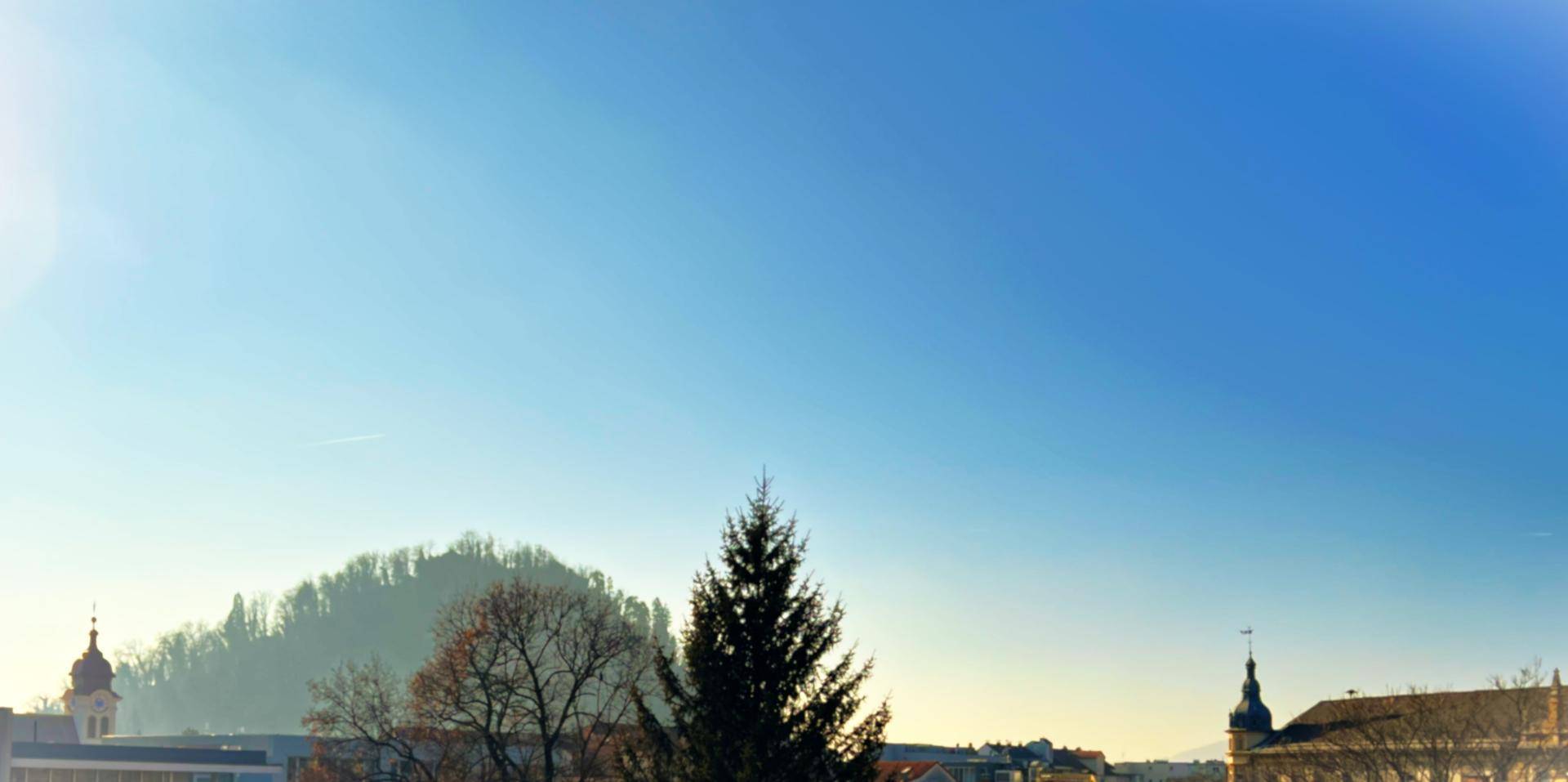 Weitläufiger Blick auf einen bewaldeten Hügel und den klaren blauen Himmel über der Stadt.