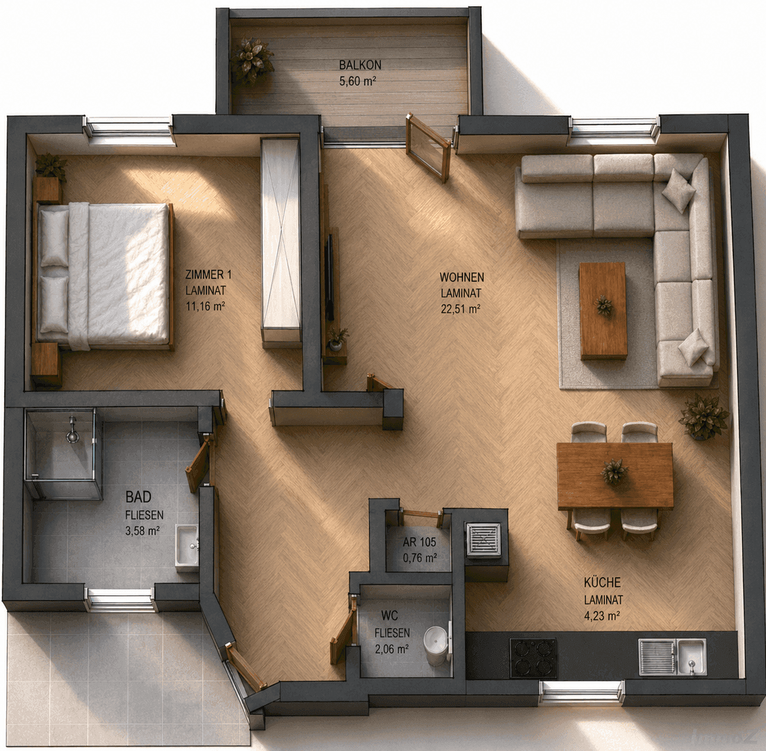 Detaillierter Grundriss einer Wohnung mit Balkon, Schlafzimmer, Wohnbereich und separatem WC.