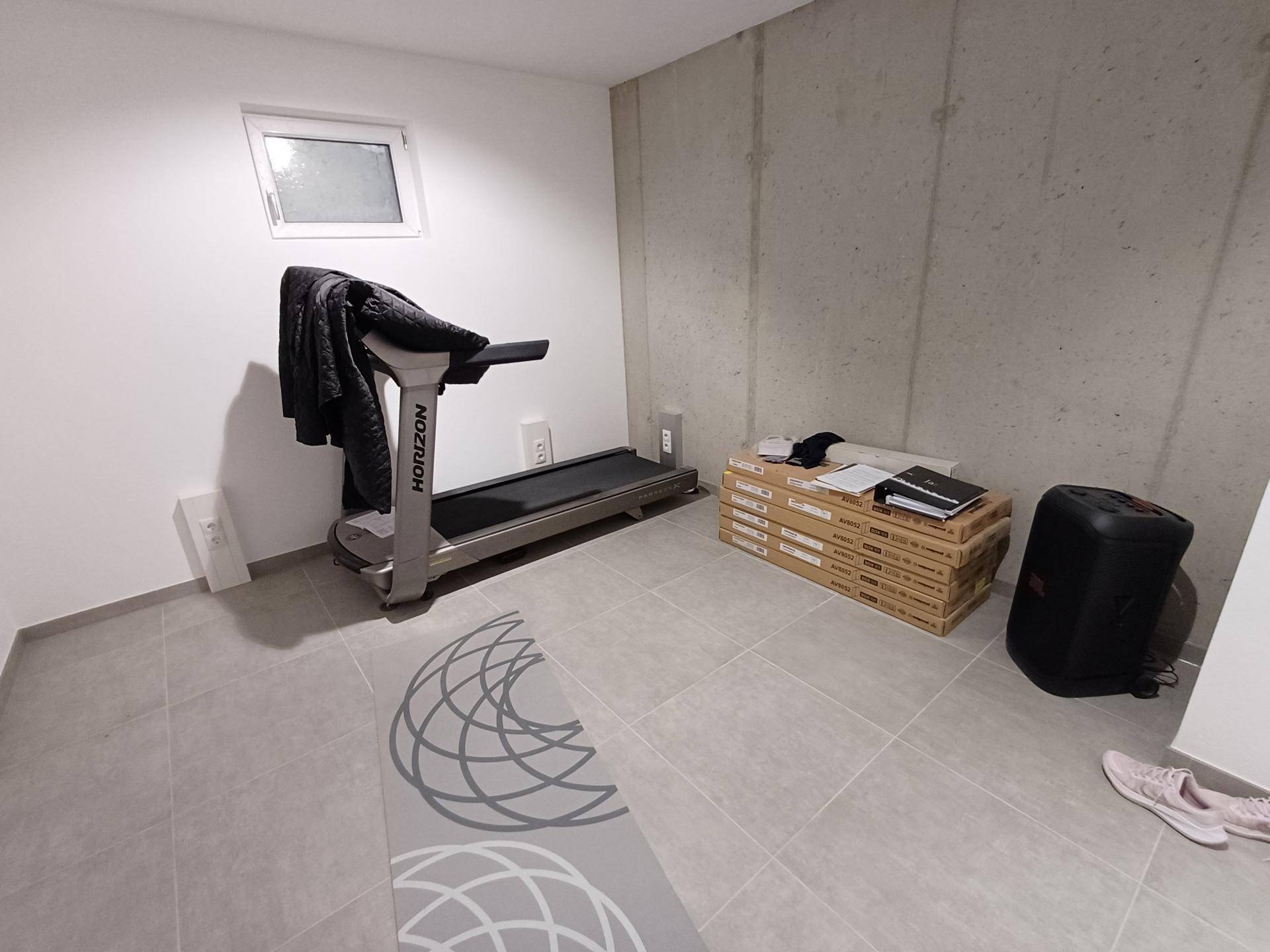 Fitnessraum im Keller mit Laufband und Fliesenboden.