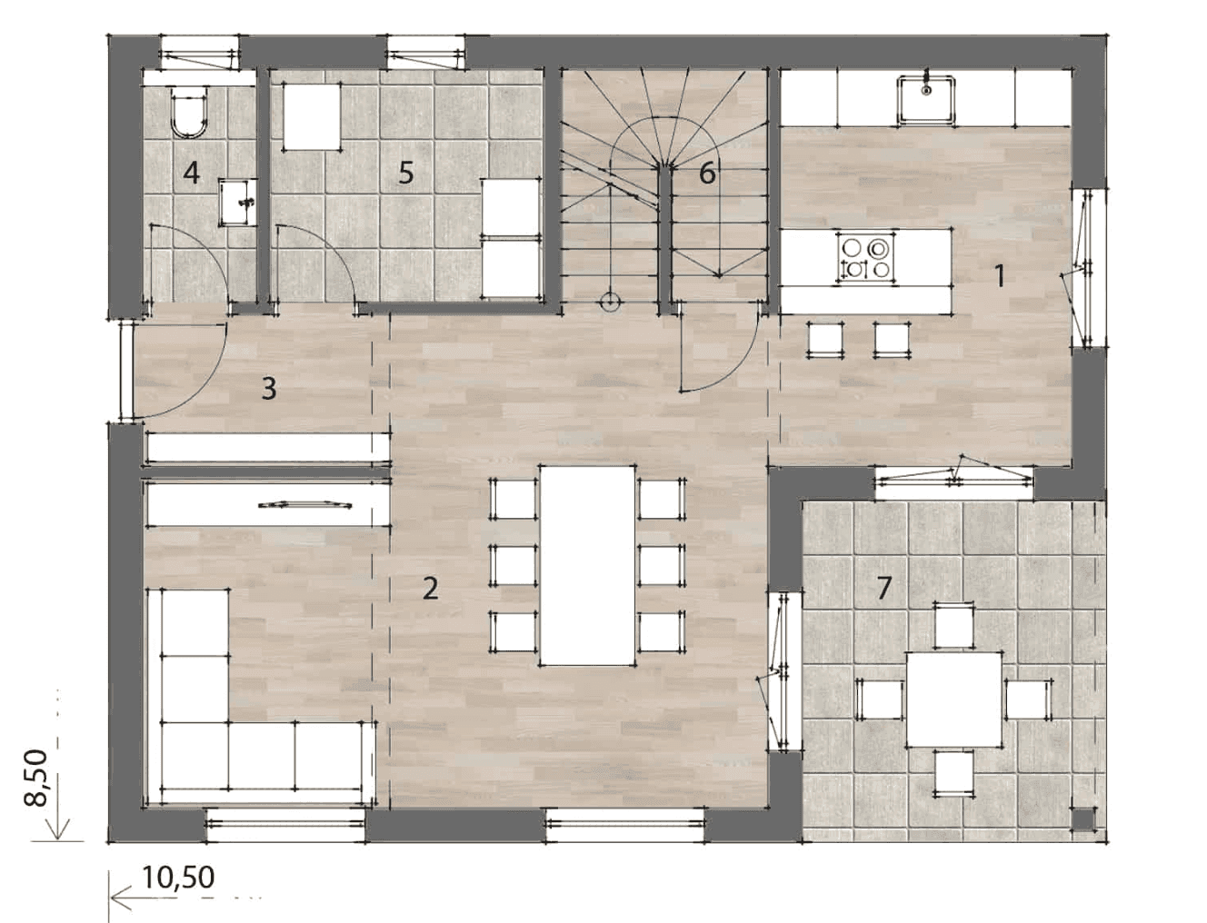 Grundriss des Erdgeschosses mit offener Küche, Essbereich, Wohnzimmer und Zugang zur Terrasse.
