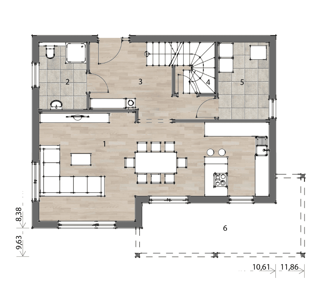 Grundriss des Erdgeschosses mit offenem Wohn-Essbereich, Küche, Bad und Zugang zur Terrasse.