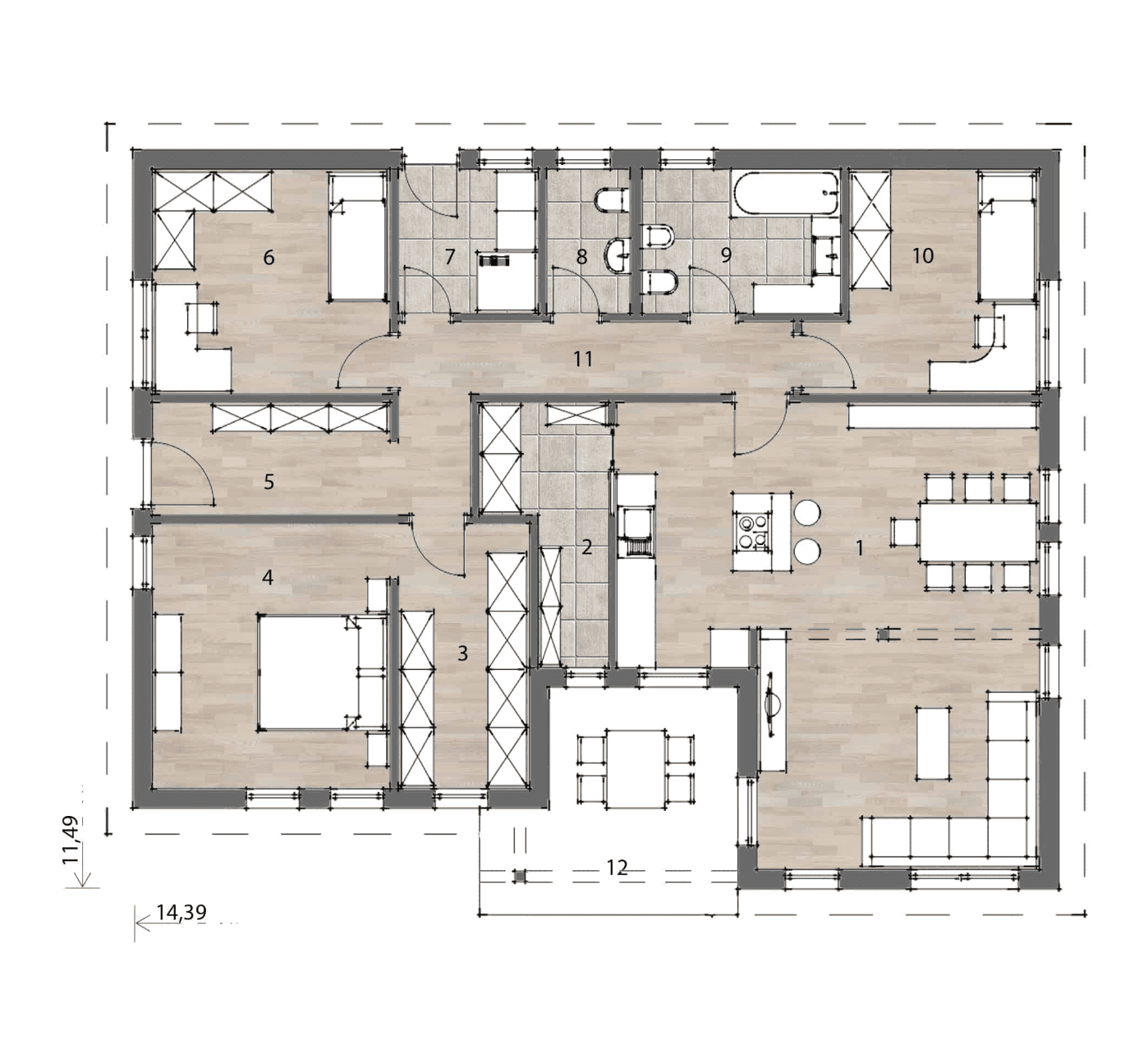 Grundrissplan eines Hauses mit offenem Wohnbereich, mehreren Schlafzimmern und Bädern.
