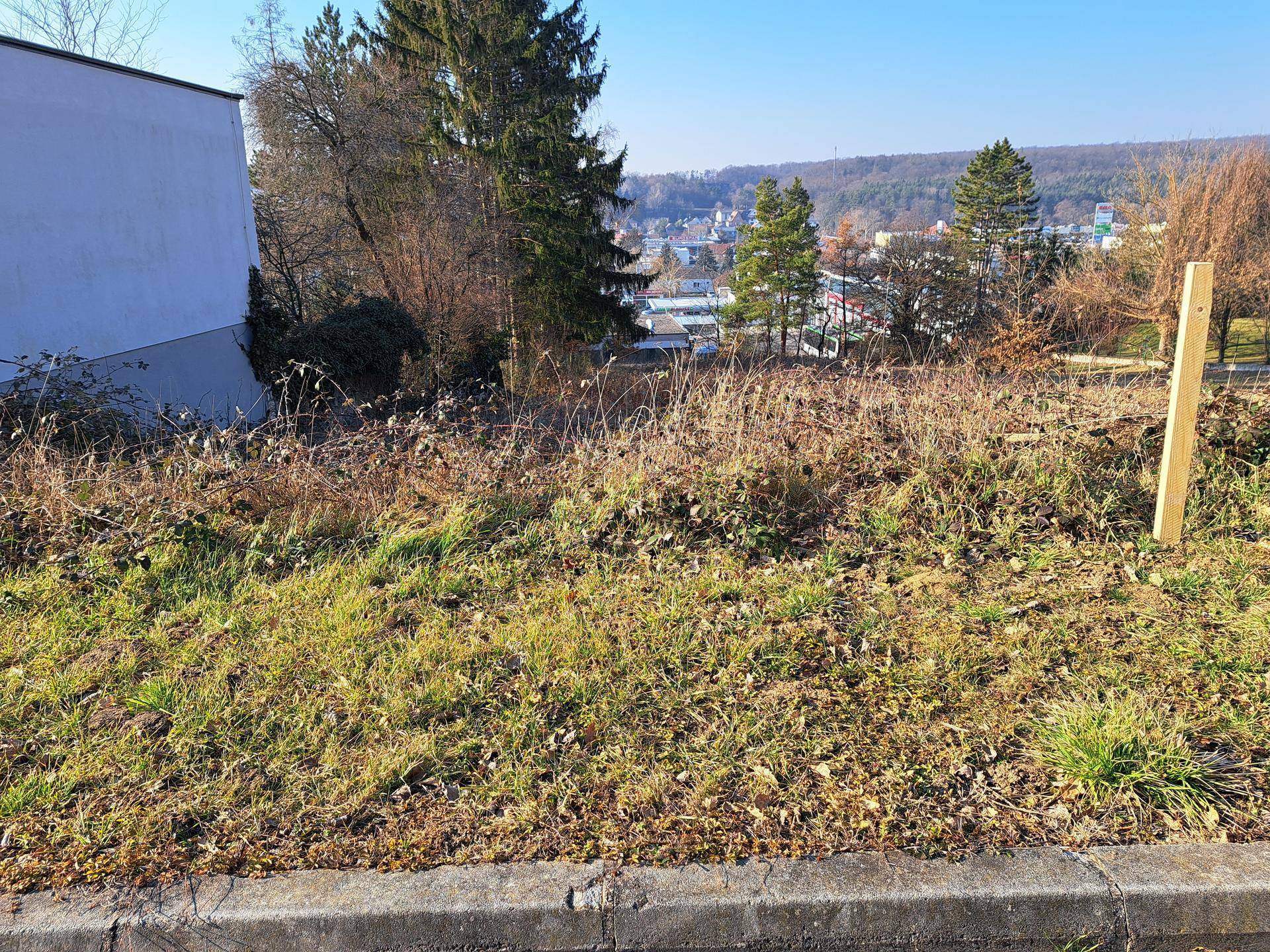 Brachliegendes Grundstück mit trockenem Gras und Blick auf die umliegende Stadt und bewachsene Hänge.