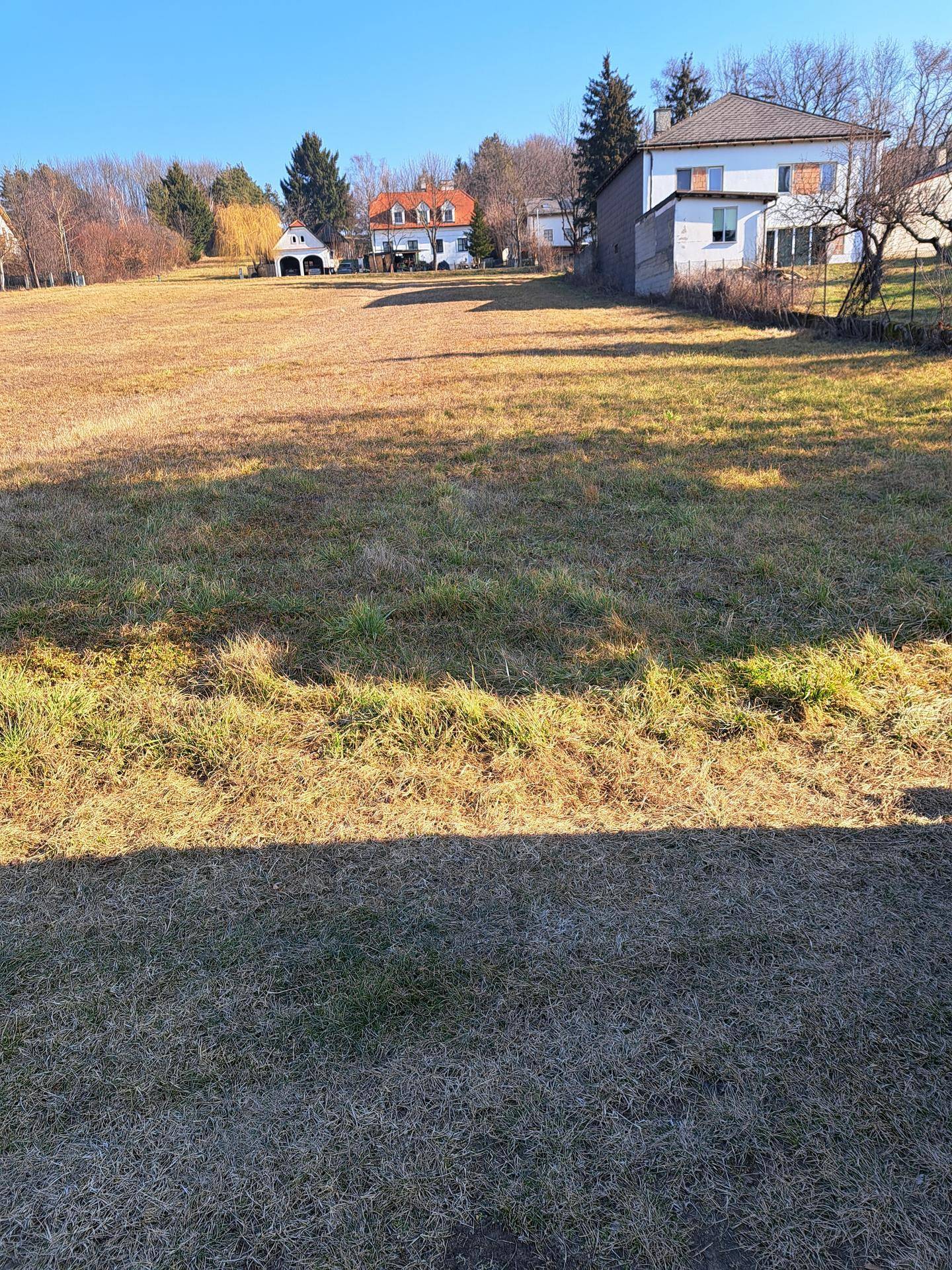 Weitläufiges, sonniges Grundstück mit trockenem Gras und Häusern in der Ferne unter einem klaren Himmel.