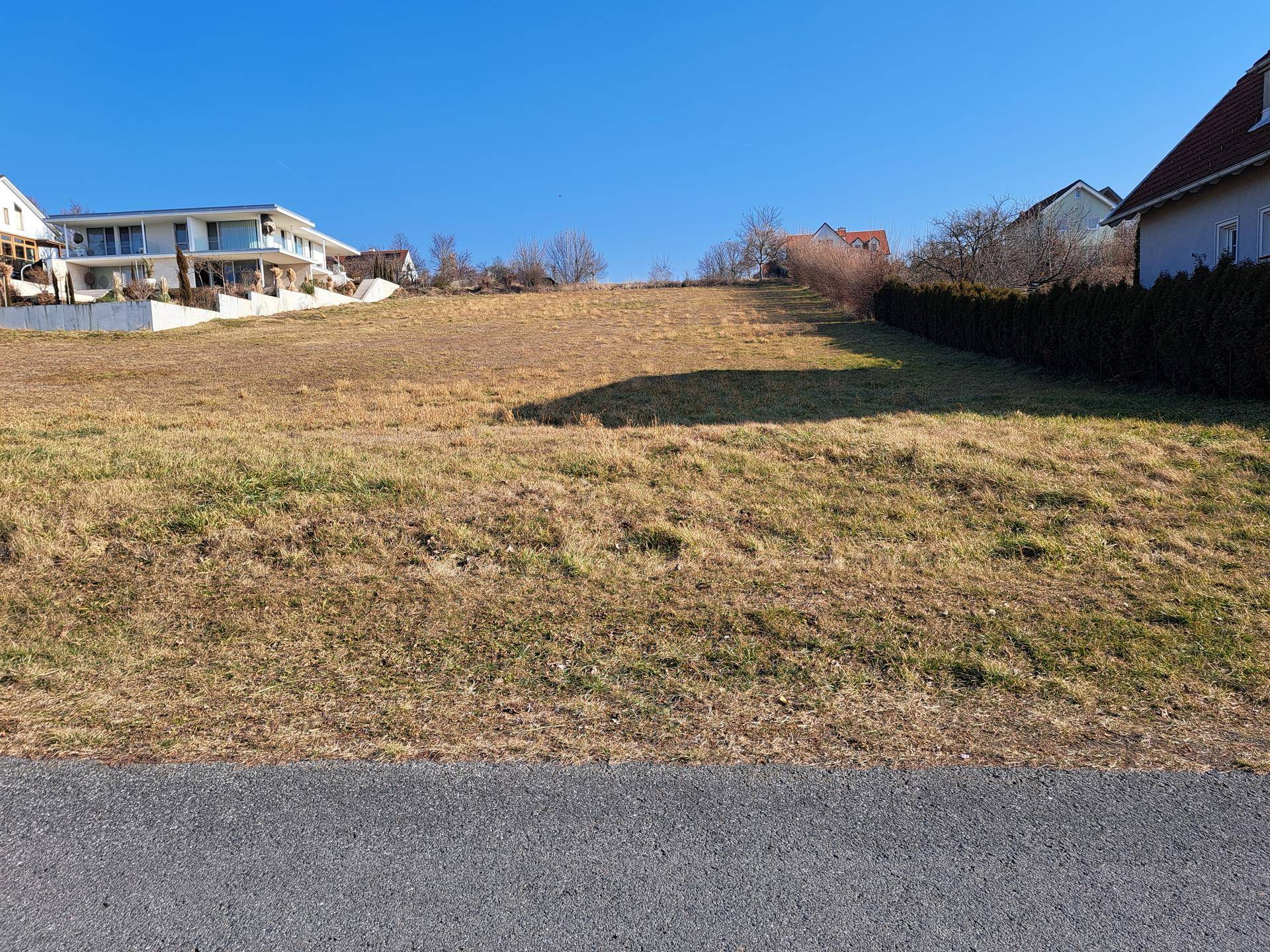 Großes, sonniges Grundstück mit trockenem Gras und einer Hecke im Hintergrund unter blauem Himmel.