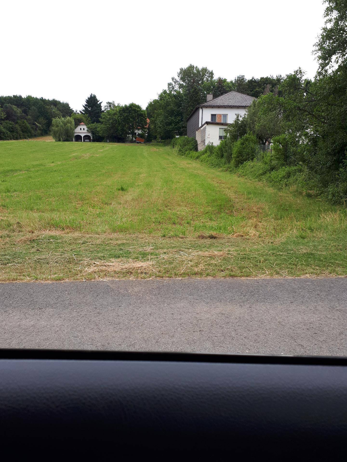 Weitläufiges grünes Grundstück mit einem Haus und einem kleinen Gebäude im Hintergrund, von der Straße aus gesehen.