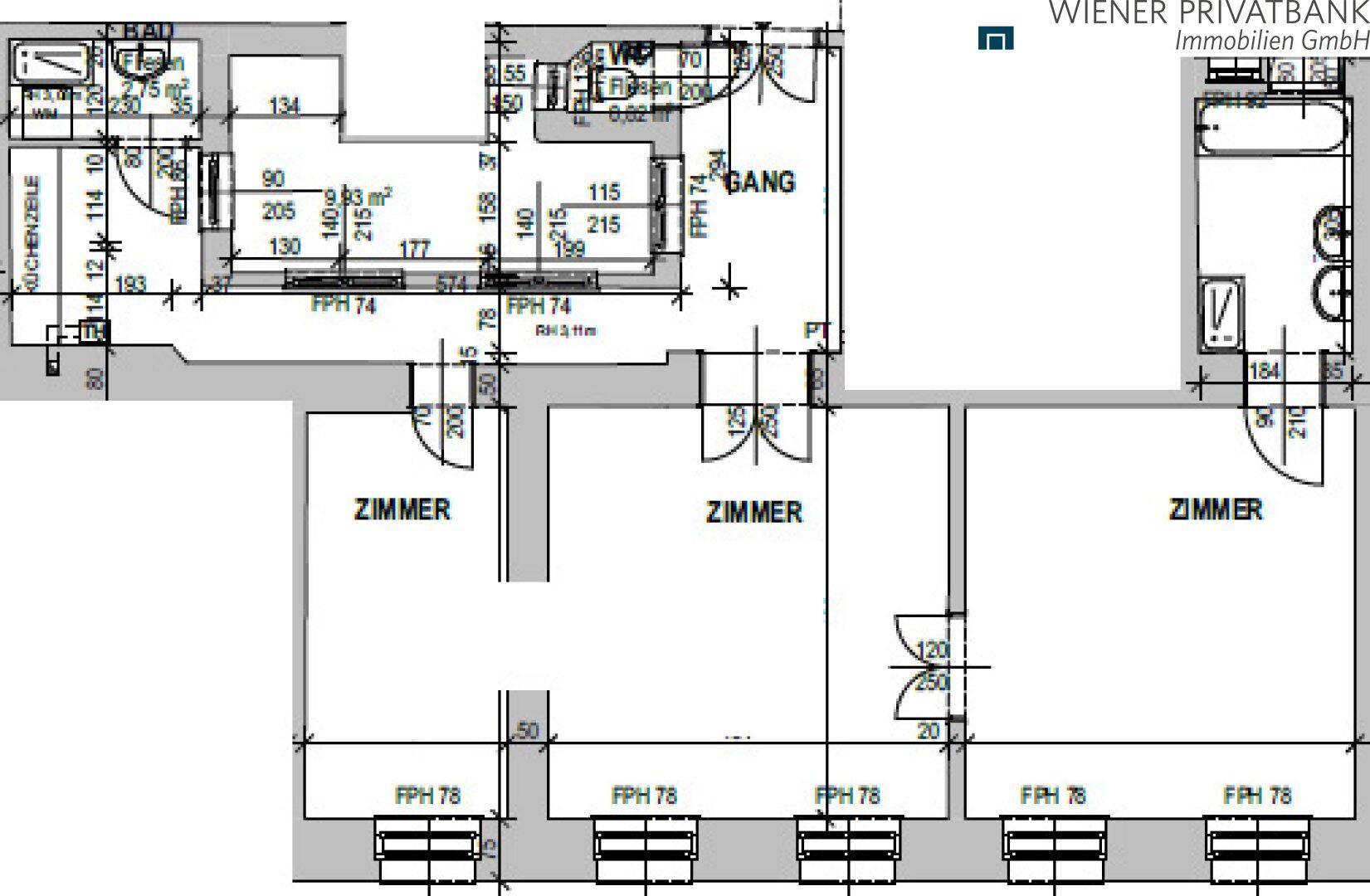 Grundrissplan der Wohnung mit mehreren Zimmern, Küche und Bädern.