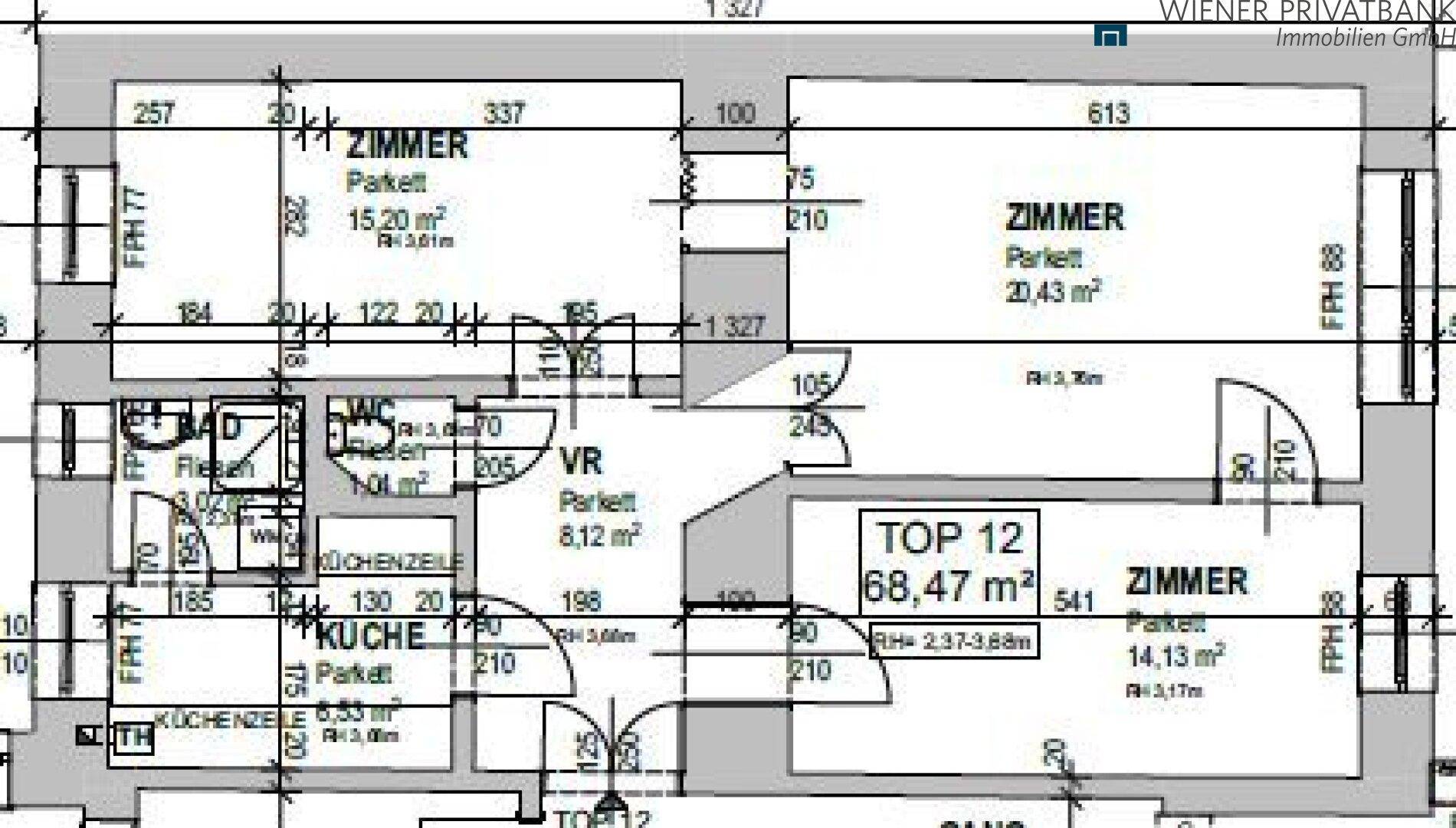 Grundriss der Wohnung Top 12 mit drei Zimmern, Küche und Bad auf 68,47 m².
