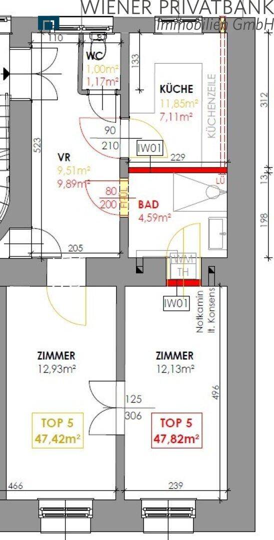 Grundrissplan zeigt die Aufteilung einer Wohnung mit Küche, Bad, WC und zwei Zimmern.