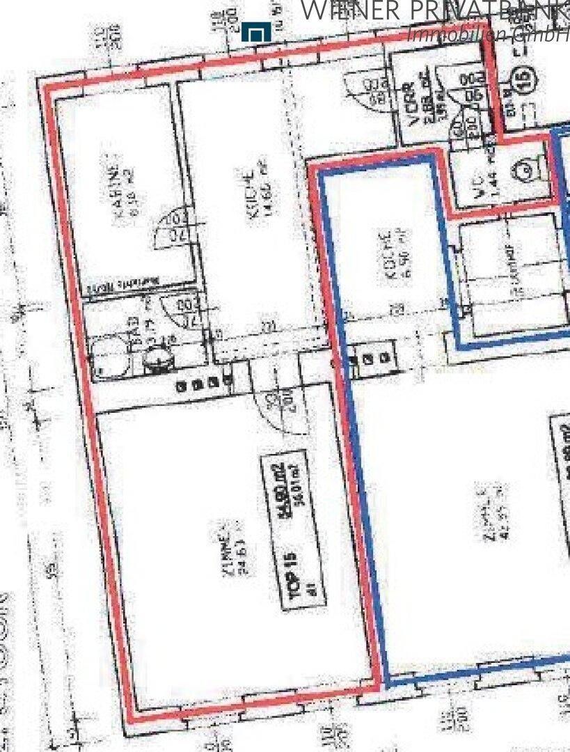 Grundriss einer Wohnung mit mehreren Zimmern, Küche und Bad.
